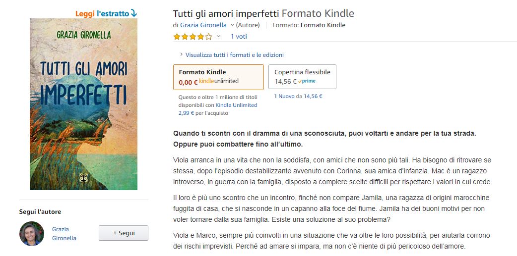 Pagina Amazon del romanzo Tutti gli amori imperfetti, di Grazia Gironella.
